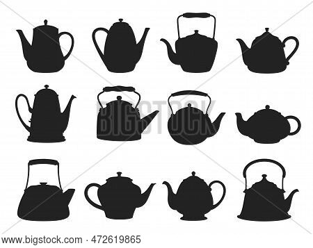Ceramic Teapot And Kettle Silhouettes. Vector Kitchen Crockery, Black Coffee Or Tea Pots For Hot Dri