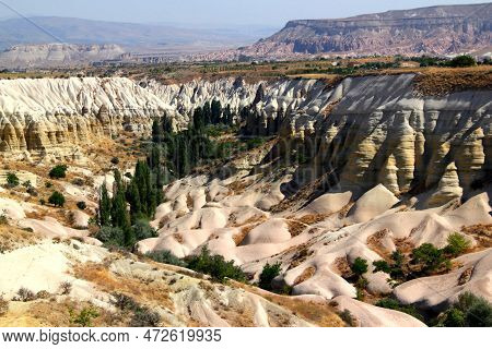 Panorama Of The Gorge And Rocks Of The White Valley Of Baglidere Near Goreme In Cappadocia, Turkey