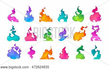 Magic Colorful Fire. Cartoon Fantasy Magic Spell And Various Flame Effect 2d Game Sprite Asset, Bonf