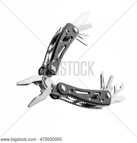 Steel Multitool Isolated On White Background. Opened Multitool With Pliers, File, Blade, Screwdriver