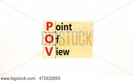 Pov Point Of View Symbol. Concept Words Pov Point Of View On Wooden Blocks On A Beautiful White Tabl