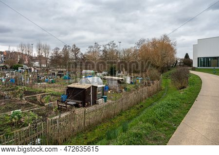 Forest,  Brussels Capital Region, Belgium, March 4, 2023 - Allotment Gardens In An Urban Park