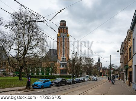 Forest,  Brussels Capital Region, Belgium, March 4, 2023 - Saint Denis Square And The Art Deco Tower