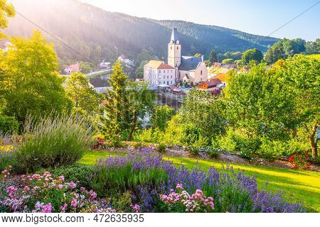 Rozmberk Town Panorama With Church Of St. Nicholas, Rozmberk Nad Vltavou, Czech Republic