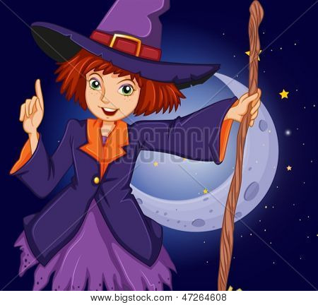 Illustration d'une sorcière tenant un bâton devant le croissant de lune