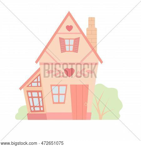 Vector Cartoon Illustration Of A Cute Country House. Dollhouse. Rental And Sale Of Housing. A Pictur