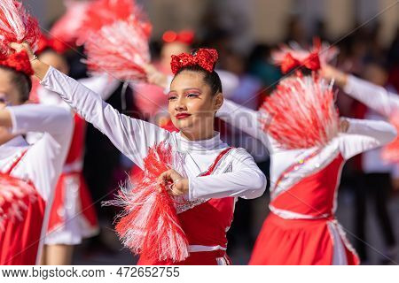 Matamoros, Tamaulipas, Mexico - November 26, 2022: The Desfile Del 20 De Noviembre, Cheerleader Team