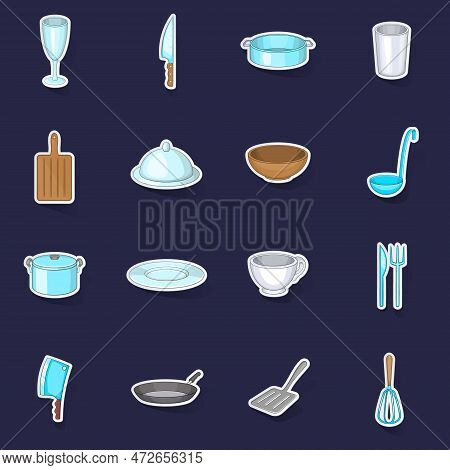 Basic Dishes Icons Set Stikers Collection Vector With Shadow On Purple Background