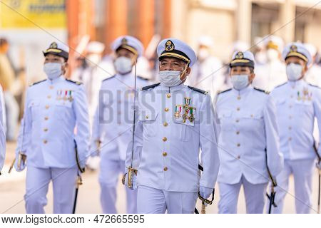Matamoros, Tamaulipas, Mexico - September 16, 2022: Desfile 16 De Septiembre, Mexican Navy Members M