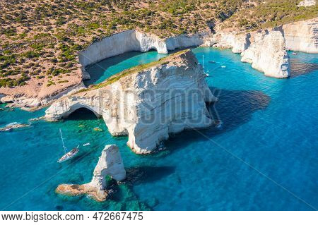 Kleftiko Bay, A Scenic Attraction With White Volcanic Rocks And Caves. Milos Island, Greece