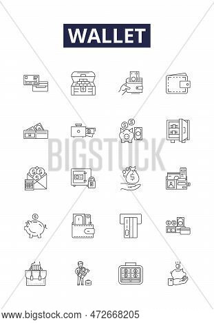 Wallet Line Vector Icons And Signs. Purse, Container, Case, Handbag, Billfold, Holdall, Carrier, Por