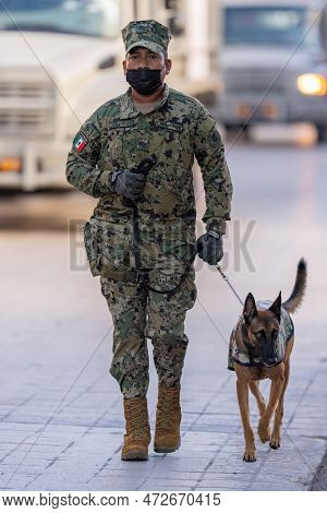Matamoros, Tamaulipas, Mexico - September 16, 2022: Desfile 16 De Septiembre, Member Of The Navy K-9