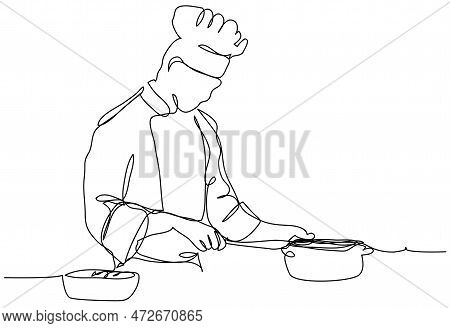 The Cook Prepares The Dish In One Line On A White Background. Stock Vector Illustration Of A Man In 
