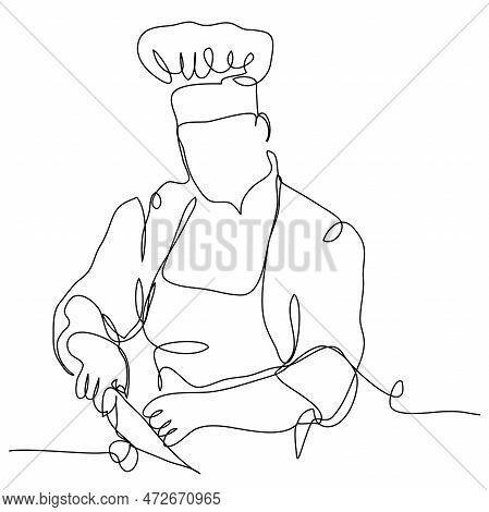 The Chef Cuts The Ingredients In One Line On A White Background. Stock Vector Illustration Of Profes