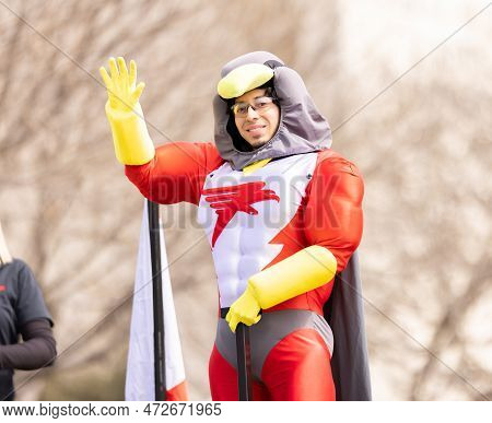Laredo, Texas, Usa - February 19, 2022: The Anheuser-busch Washington's Birthday Parade, Man Promoti
