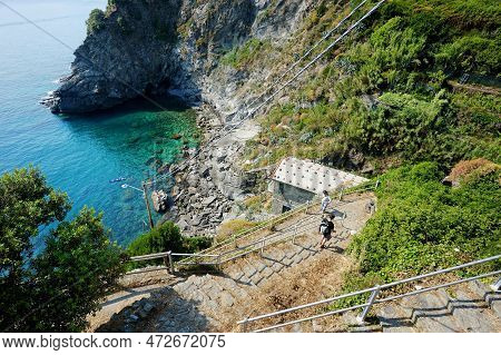 Corniglia, Italy - May 2011: A Staircase To Rocky Beach In Corniglia, One Of The Five Centuries-old 