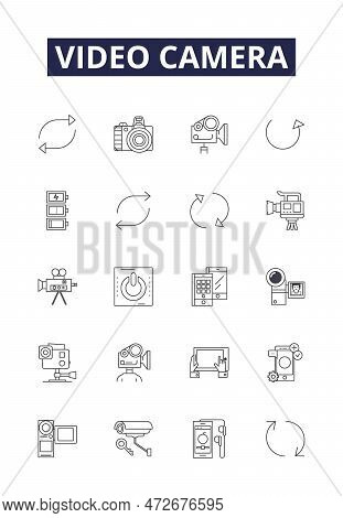 Video Camera Line Vector Icons And Signs. Videocorder, Vcr, Monitor, Film, Lens, Viewfinder, Tripod,