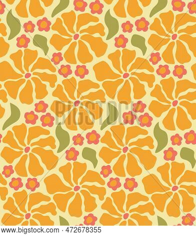 Groovy Floral Pattern With Abstaract Daisy Flowers In Trippy Funky Style. Curvy Psychedelic Summer F