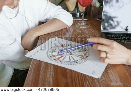 Tver, Russia - August 2, 2021. A Woman In A Cafe At A Table Is Studying The Design Of A Person. The 