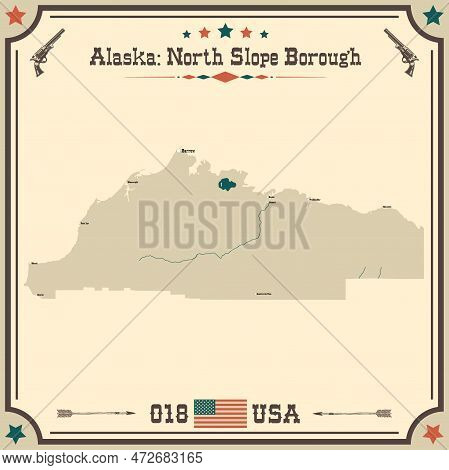 Large And Accurate Map Of North Slope Borough, Alaska, Usa With Vintage Colors.
