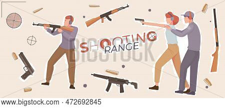 Shooting Range Composition With Collage Of Flat Isolated Icons Of Guns Pistols With Shooters Gunnery