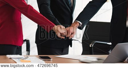 Business Team Teamwork , Power, Unity And Partnership Concept. Closeup Sropped View Of Multucultural