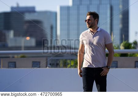 Portrait Of Handsome Confident Man In City. Portrait Of Confident Man In Modern Big American City. S