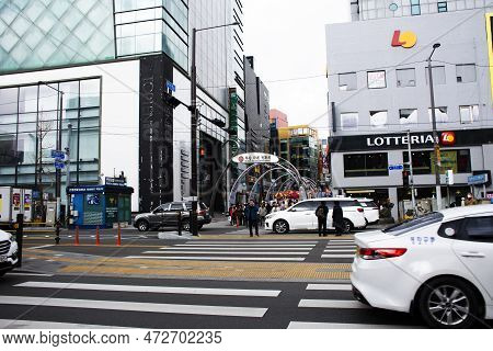Landscape Cityscape Nampodong City With Korean People And Foreign Travelers Walk And Wait Crossing T