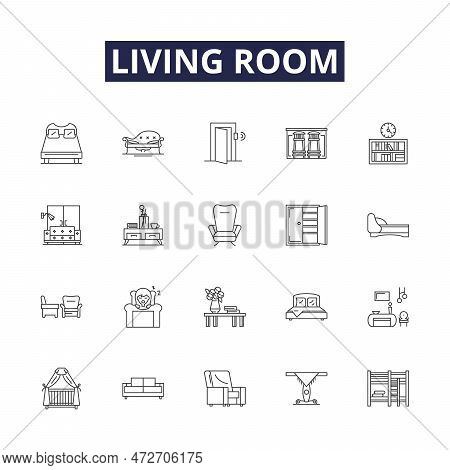 Living Room Line Vector Icons And Signs. Chair, Table, Lamp, Fireplace, Carpet, Rug, Televison, Deco