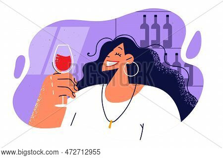 Satisfied Woman Degustate Red Wine From Glass During Date At Restaurant Or Holiday Party. Beautiful 