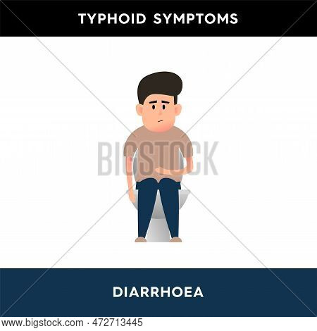 Vector Illustration Of A Man Who Sits On The Toilet And Holds His Stomach With His Hands. The Person