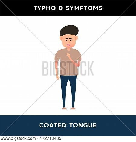Vector Illustration Of A Man With A White-coated Tongue With Teeth Marks Around The Edges. White Coa