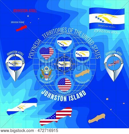 Set Of Vector Illustrations Of Flag, Contour Map, Money, Icons Of Johnston Atoll. Territories Of The