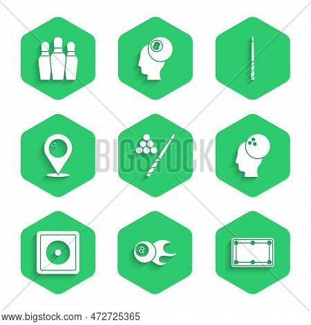 Set Billiard Cue And Ball, Table, Bowling, Chalk, Location With Bowling, And Pin Icon. Vector