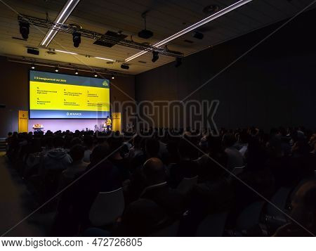 Bologna, Italy - Feb 2023:binance Meetup Event At Fico Fair Conference Room. Binance Platform For Cr