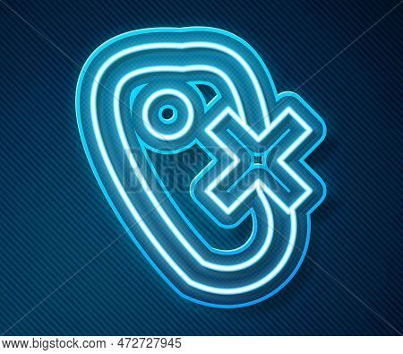 Glowing Neon Line No Meat Icon Isolated On Blue Background. No Fast Food Allowed - Vegetarian Food. 