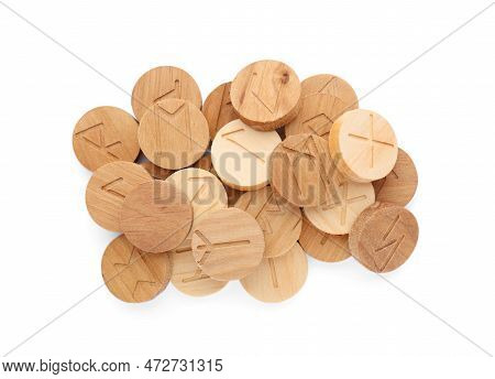 Pile Of Wooden Runes Isolated On White, Top View