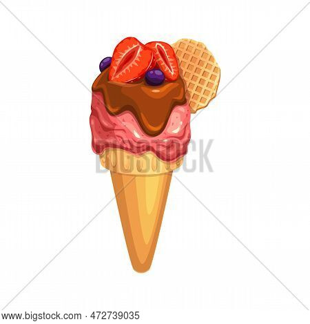 Cartoon Ice Cream Cone, Gelato Or Frozen Yogurt, Vector Dessert Food. Melted Strawberry Soft Serve I