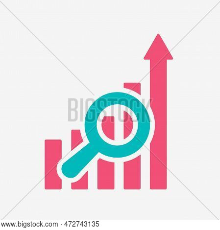 Growing Graph With Magnifying Glass. Chart Columns, Highest One Ends With Up Arrow. A Magnifying Gla