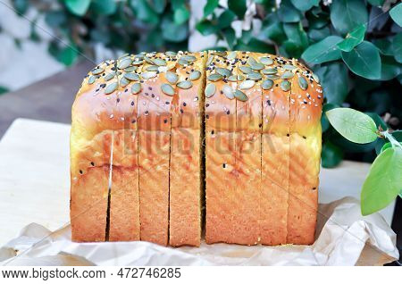 Bread , Pumpkin Bread Or Loaf Of Bread Or Sliced Bread Or Cut Bread With Pumpkin Seed And Sesame Top