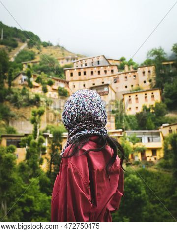 Tourist Woman Stand Enjoy Scenic Masuleh Village Panorama In North East Iran - Popular Famous Touris