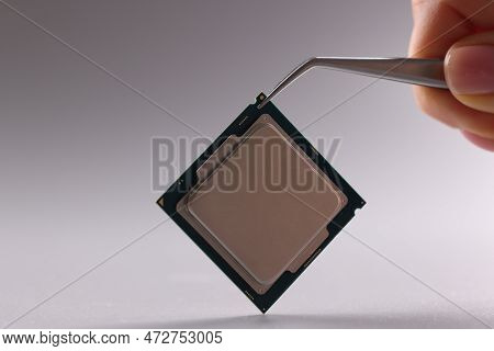 Hand Holds Tweezers With Chip Assembled. Processor On Printed Circuit Boards