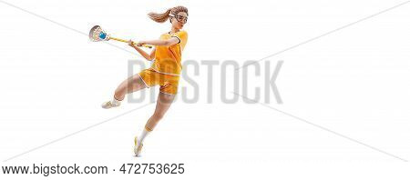 Realistic Silhouette Of A Lacrosse Player On White Background. Lacrosse Player Man Are Throws The Ba