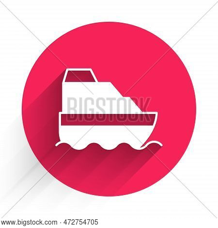 White Cruise Ship In Ocean Icon Isolated With Long Shadow Background. Cruising The World. Red Circle