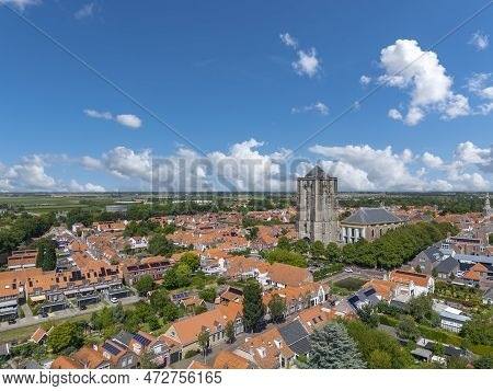 Aerial View Overlooking The City And The Sint Lievensmonstertoren In Zierikzee. Provinz  Zeeland In 