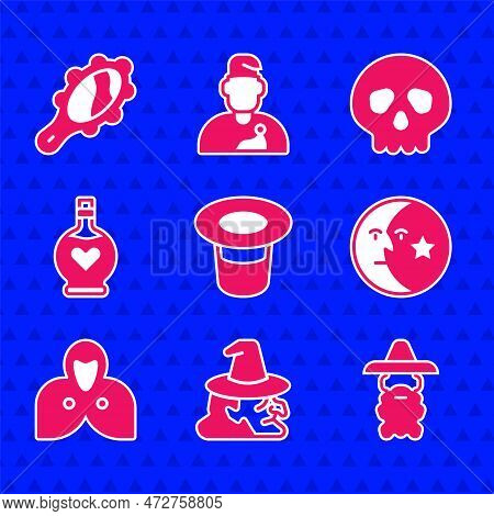 Set Magic Hat, Witch, Wizard Warlock, Moon And Stars, Mantle, Cloak, Cape, Bottle With Love Potion, 