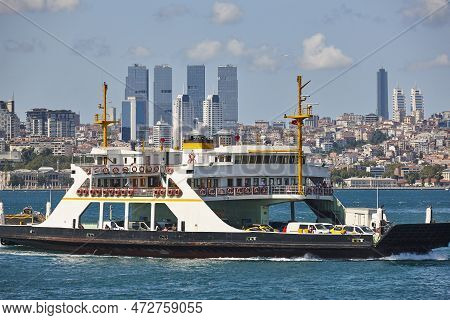 Comercial Ferry Traffic In The Bosphorus Strait. Istanbul Cityscape. Turkey