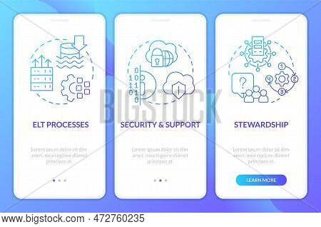 Data Lake Architecture Components Blue Gradient Mobile App Screen. Walkthrough 3 Steps Graphic Instr