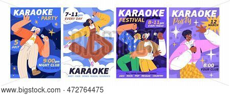 Karaoke, Music Party Posters Designs Set. Vocal Event, Song Festival, Live Concert In Night Club, Fl