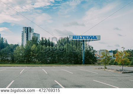 Helsinki, Finland - August 22, 2022: Huge Blue Biltema Sign At Entrance Of Swedish Store Of Spare Pa